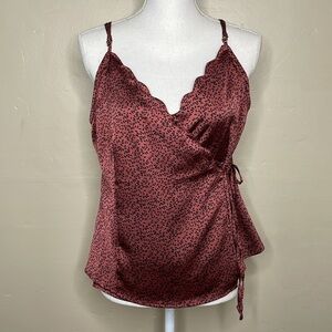 PAPERMOON Spaghetti Strap Wrap Tank Blouse Muted Red & Black Scalloped NWT Large